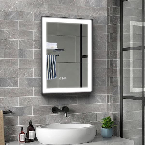 Elevatehome 20 in.W x 28 in.H Rectangular Black Aluminum Framed Anti Fog LED Lighted Modern Wall Bathroom Vanity Mirror in Tempered
