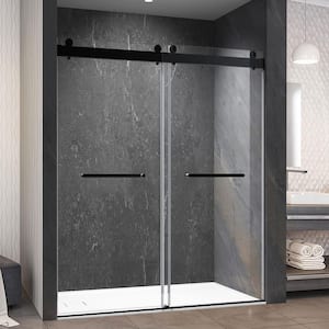 56 in.-60 in. W x 76 in. H Double Sliding Frameless Soft Close Shower Door in Matte Black,3/8 in. (10 mm)Tempered Glass