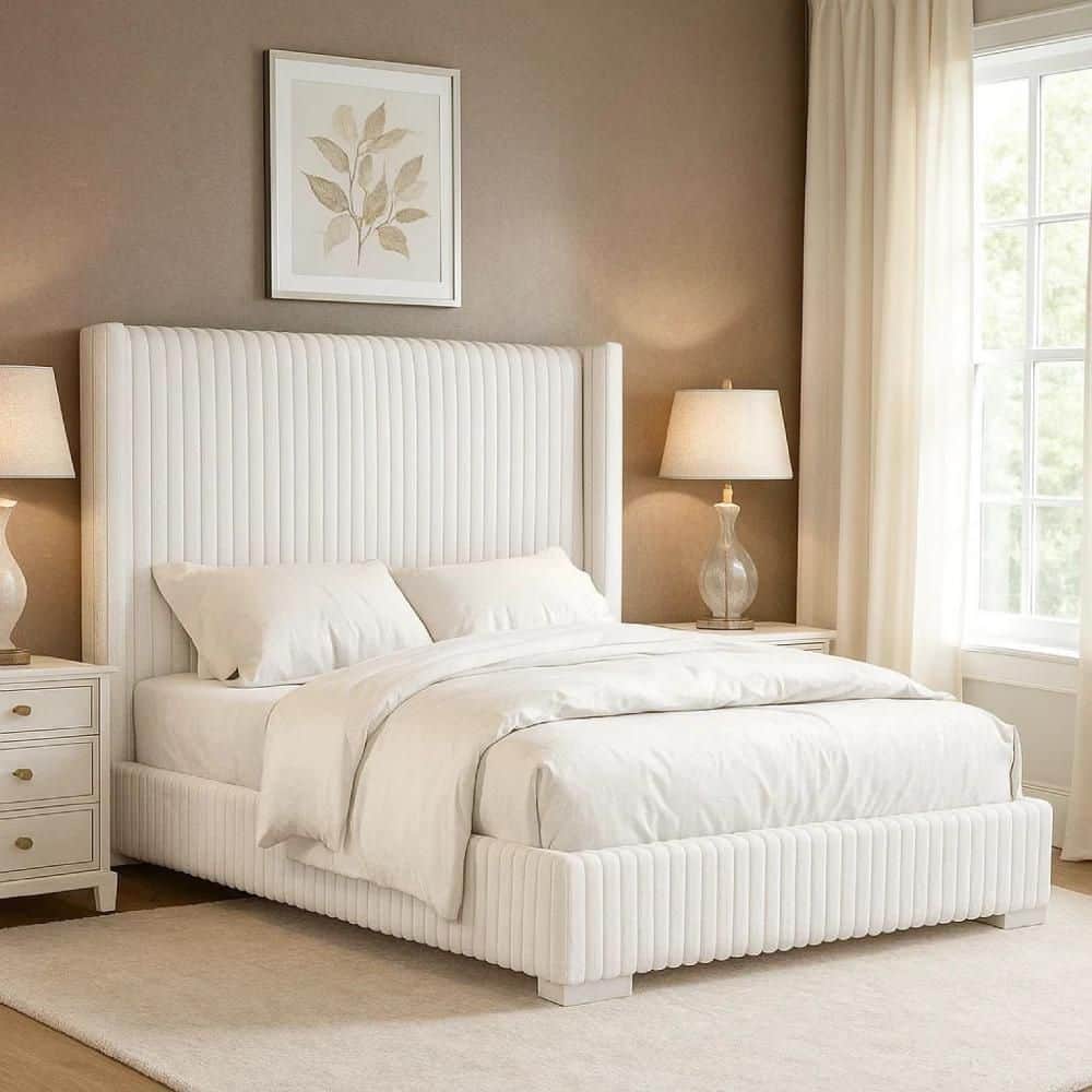 Panel Beding Benjara Wolo White Wood Frame King Panel Bed with Tufted Design ...