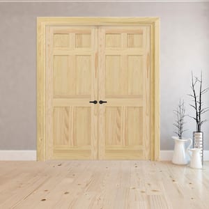 48 in. x 80 in. Universal 6-Panel Unfinished Pine Wood Double Prehung Interior French Door with Nickel Hinges