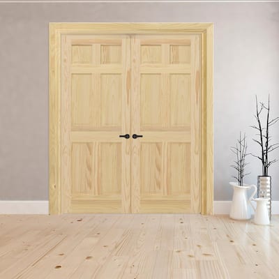 48 in. x 80 in. Universal 6-Panel Unfinished Pine Wood Double Prehung Interior French Door with Bronze Hinges