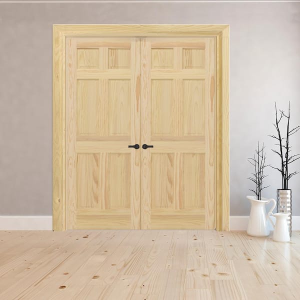 48 in. x 80 in. Universal 6-Panel Unfinished Pine Wood Double Prehung Interior French Door with Bronze Hinges