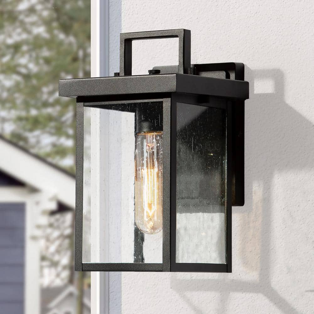 LNC Craftsman 13.5 in. H 1-Light Textured Black Outdoor Wall Lantern Sconce  with Water Glass Shade Exterior Light Fixture A03321 - The Home Depot
