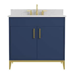 Barrie 37 in. Single Sink Freestanding Blue Bath Vanity with White Engineered Stone Top and Backsplash Assembled