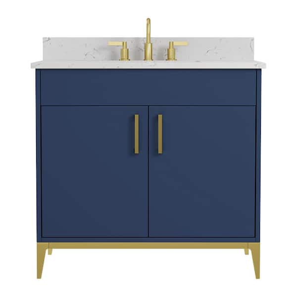 Barrie 37 in. Single Sink Freestanding Blue Bath Vanity with White Engineered Stone Top and Backsplash Assembled