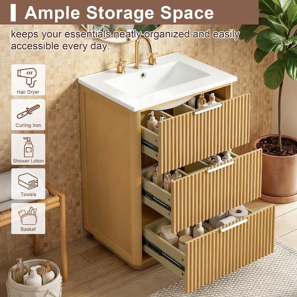 Natural Wood 34 in. H Accent Storage Cabinet, Bathroom Vanity with Ceramic Sink,Open Shelf & Closed Storage for Bathroom