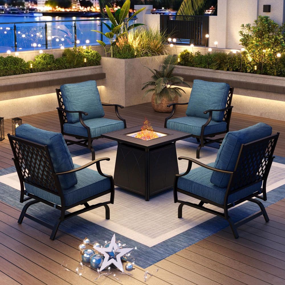 Metal 4 Seat 5-Piece Steel Outdoor Patio Conversation Set with Peacock Blue Cushion Rocking Chairs Square Fire Pit Table price history on PriceWatchPro