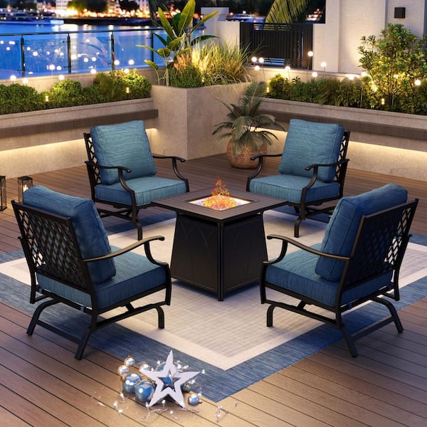 PHI VILLA Metal 4 Seat 5-Piece Steel Outdoor Patio Conversation Set with Peacock Blue Cushion Rocking Chairs Square Fire Pit Table