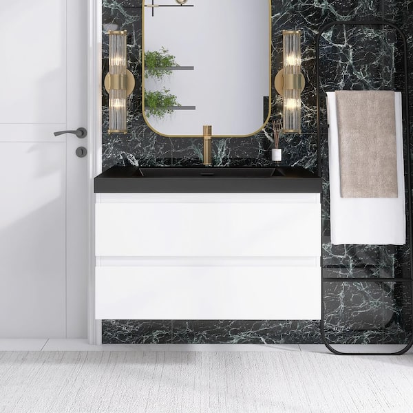 JimsMaison 36 in. W x 19.5 in. D x 20.5 in. H Wall-Mounted Bath Vanity in White with Black Quartz Top