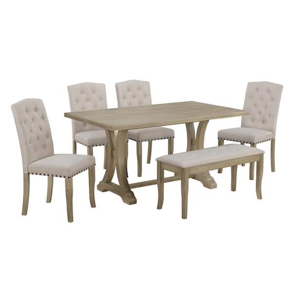 6-Piece Farmhouse Natural Wood Wash Wood Top Dining Room Set Seats 5