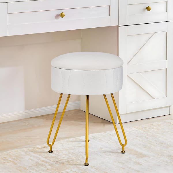 VECELO Vanity Stool with Storage, White Velvet Makeup Chair, Metal Legs, Anti-Slip Feet for Bedroom, Living Room, Entryway