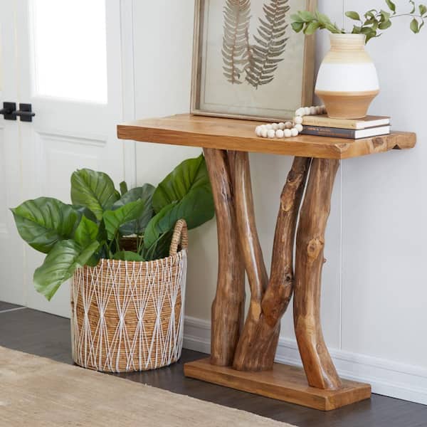 Litton Lane 35 in. Brown Extra Large Rectangle Teak Wood Small Live Edge Tree Trunk Console Table