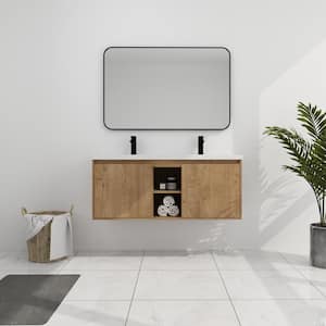 48 in. W x 18 in. D x 20.5 in. H Wall Mounted Bath Vanity With Double Sink,Soft Closing Door Hinge,White Resin Top,Oak