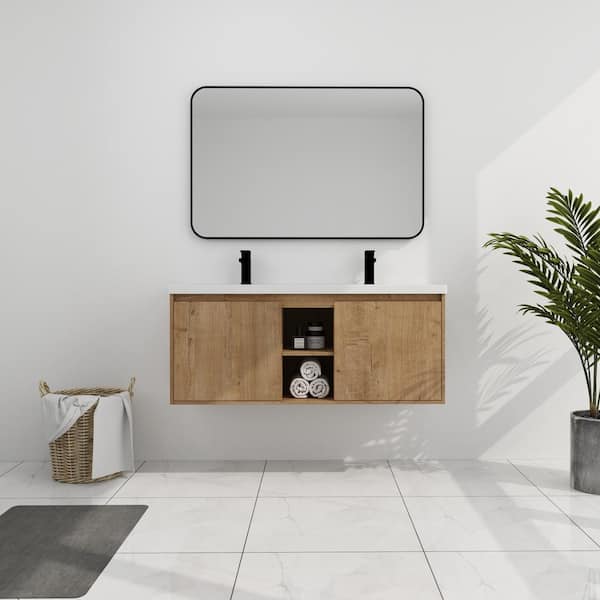 48 in. W x 18 in. D x 20.5 in. H Wall Mounted Bath Vanity With Double Sink,Soft Closing Door Hinge,White Resin Top,Oak