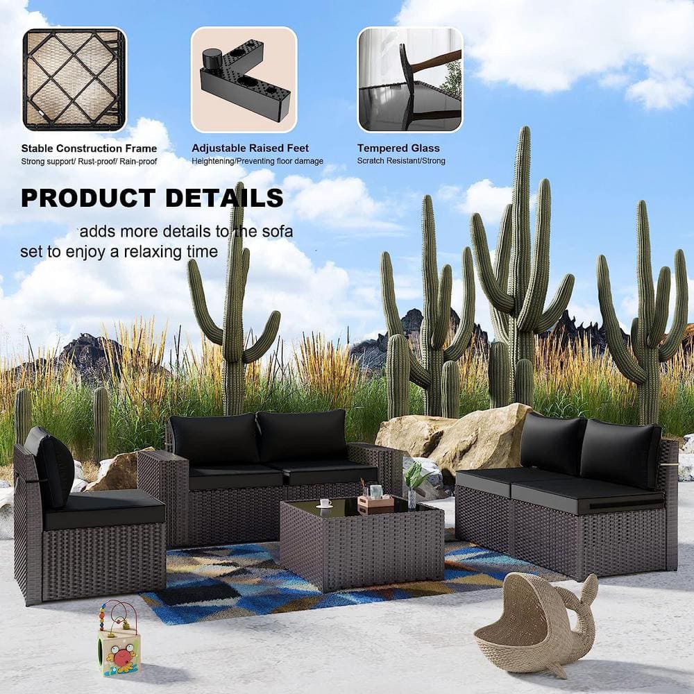 6-Piece Brown Wicker Outdoor Sectional Set with Black Cushions