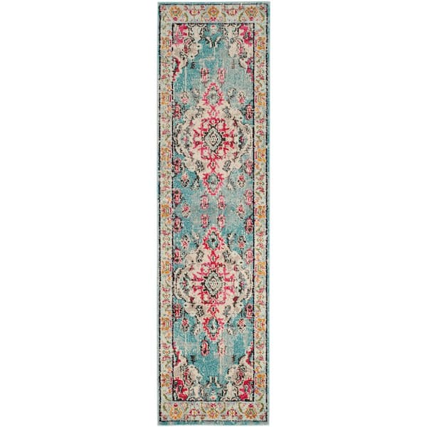 SAFAVIEH Monaco Light Blue/Fuchsia 2 ft. x 12 ft. Distressed Border Medallion Runner Rug