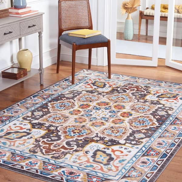 Riviera Beige/Charcoal 7 ft. x 7 ft. Machine Washable Medallion Border Square Area Rug