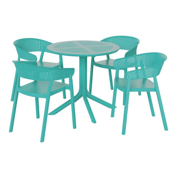 Frond&Form Modern Outdoor Patio Poly Plastic 5-Piece Round Table Dining Set w/ 4 Stackable Chairs in Turquoise