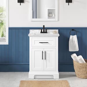 Doveton 24 in. Single Sink Freestanding White Bath Vanity with White Engineered Marble Top (Fully Assembled)