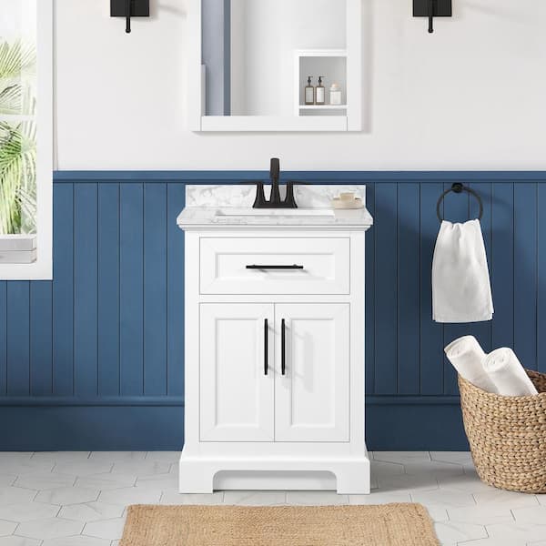 Home Decorators Collection Doveton 24 in. Single Sink Freestanding White Bath Vanity with White Engineered Marble Top (Fully Assembled)