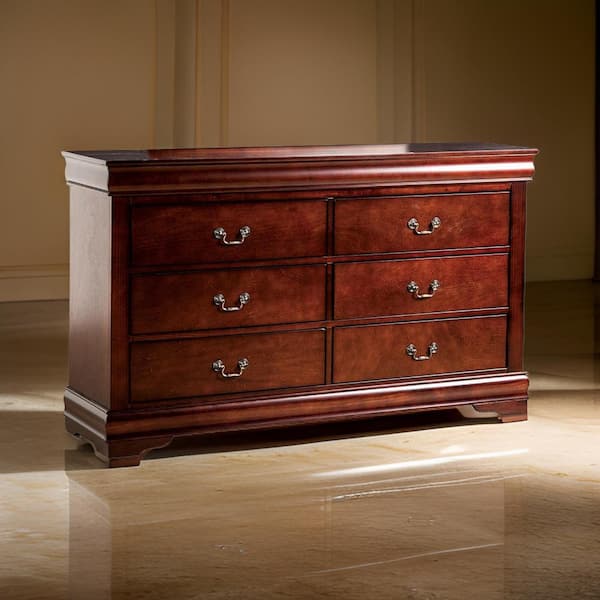 Cherry Brown and Bronze 6-Drawer 58.5 in. Dresser Without Mirror