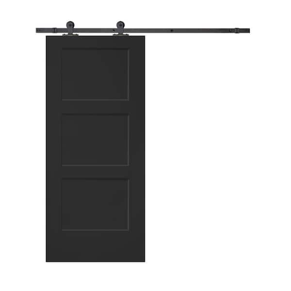 CALHOME 30 in. x 80 in. Black Stained Composite MDF 3-Panel Equal Style Interior Sliding Barn Door with Hardware Kit