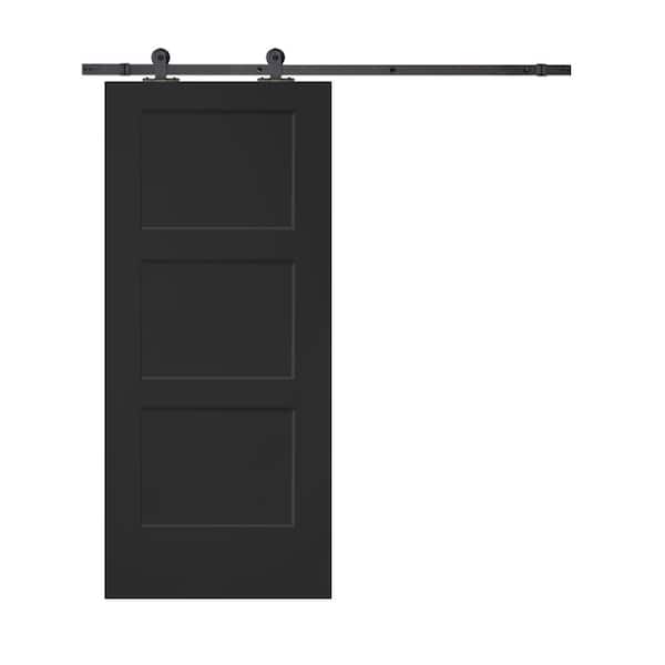 CALHOME 36 in. x 80 in. Black Stained Composite MDF 3-Panel Equal Style Interior Sliding Barn Door with Hardware Kit