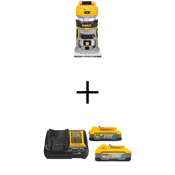 DEWALT 20V MAX XR Lithium-Ion Cordless Brushless Fixed Base Compact Router with Power stack 5Ah and 1.7Ah Batteries and Charger