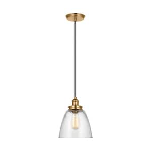 Baskin Dome 1-Light 9 in. Satin Brass Modern Contemporary Pendant Light with Clear Glass Shade