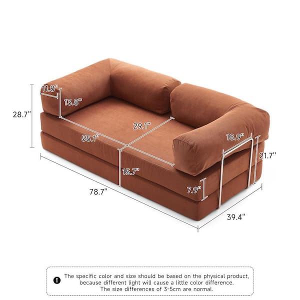 JASIWAY Modern 78.7 in. W Brown Velvet Folding Twin Size Sofa Bed
