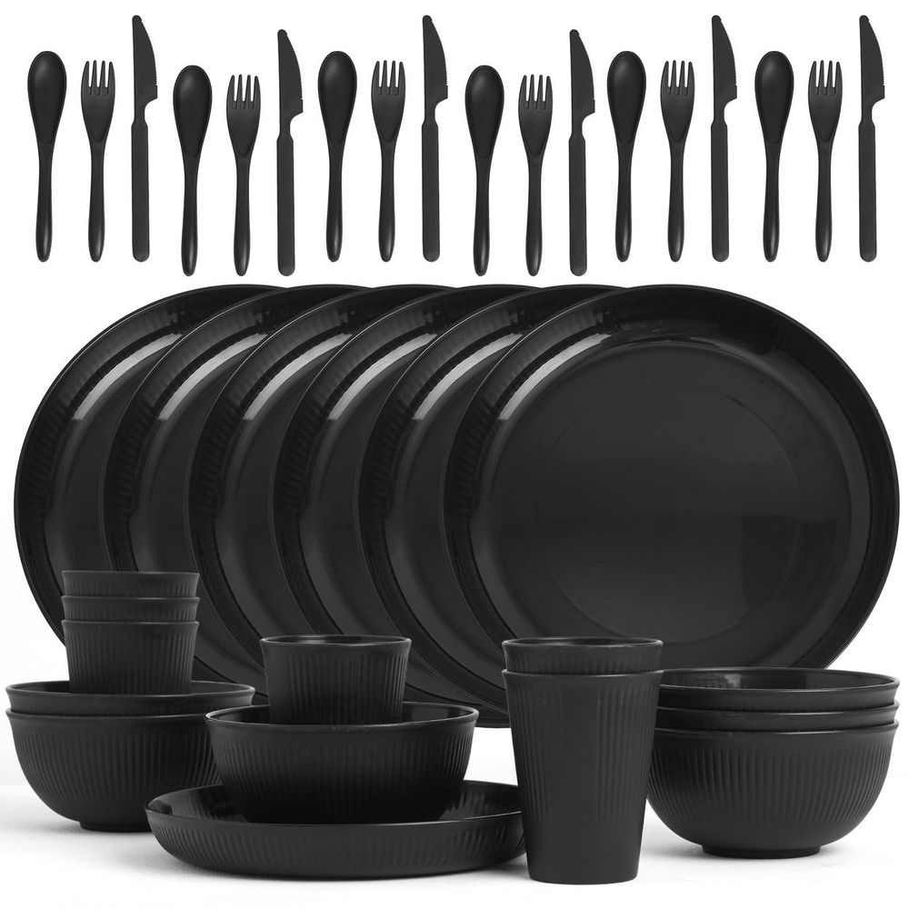36-Piece Black Wheat Straw Dinnerware Set for 6, Unbreakable Plates and Bowls Sets for Camping & Home, Dishwasher Safe
