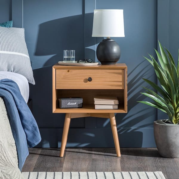 Walker Edison Furniture Company 1 Drawer Natural Pine Solid Wood Mid Century Modern Nightstand 24 in. H x 20 in. W x 14 in. D HD9217