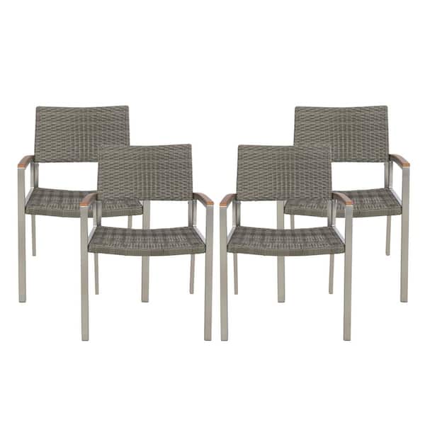 Noble House Moralis Silver Aluminum and Gray Wicker Outdoor Dining Chairs (4-Pack)