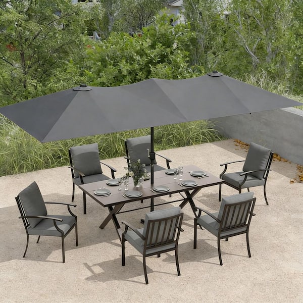 6 seat patio set with umbrella Zerpod 8-Piece Metal Patio Outdoor Dining Set with 6 Chairs, Large Table,  Center-Pole Umbrella and Gray Cushions ZE-8DMSan-GY