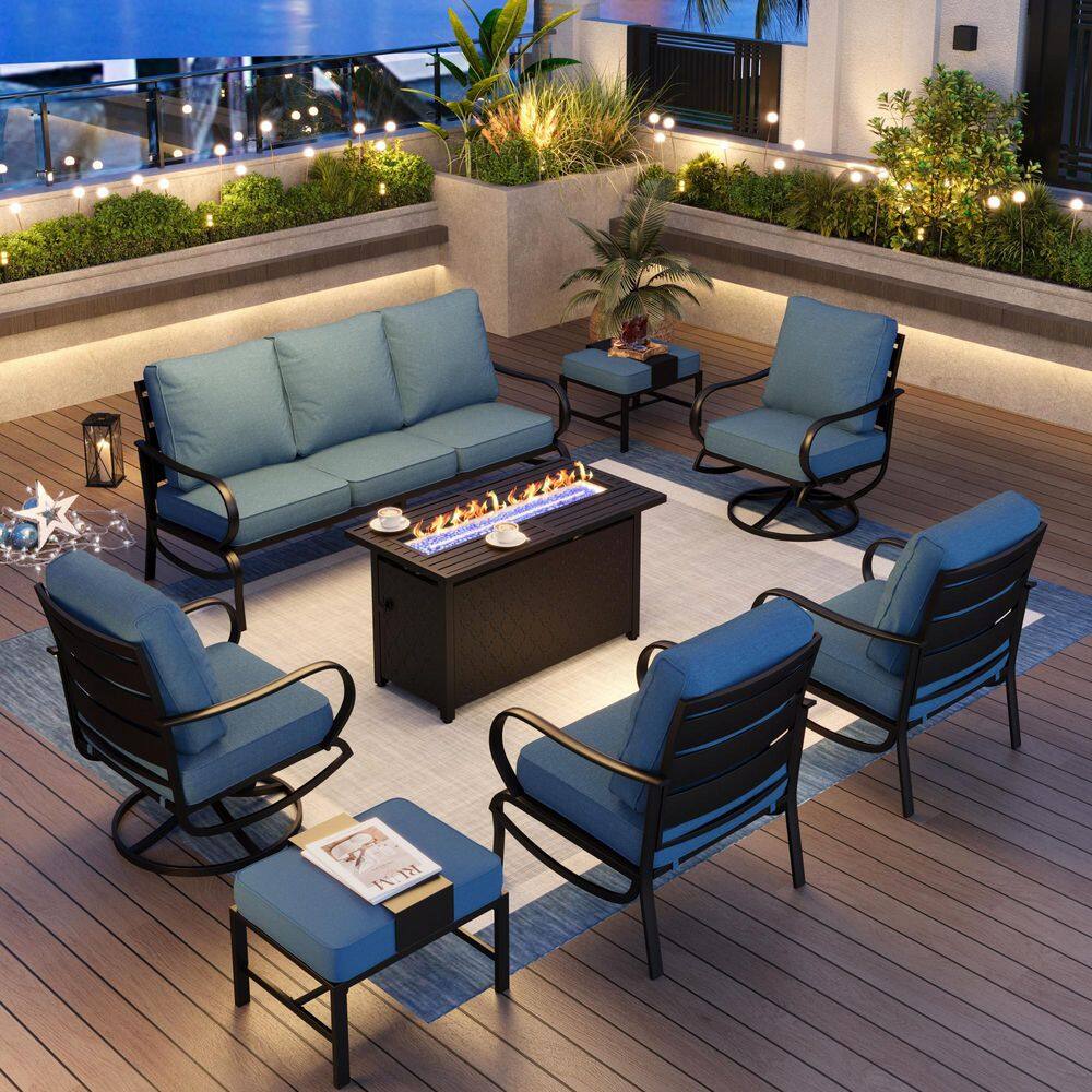Metal 9 Seat 8-Piece Outdoor Patio Conversation Set with Denim Blue Cushions, Swivel Chairs, Rectangular Fire Pit Table price history on PriceWatchPro