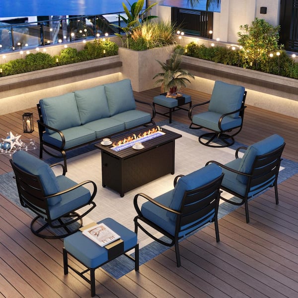 Metal 9 Seat 8-Piece Outdoor Patio Conversation Set with Denim Blue Cushions, Swivel Chairs, Rectangular Fire Pit Table