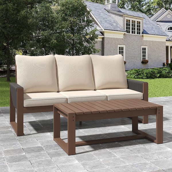 2-Piece Hemlock Wood Wicker Outdoor Couch Patio Sofa Set with Thicken Beige Cushions and Coffee Table