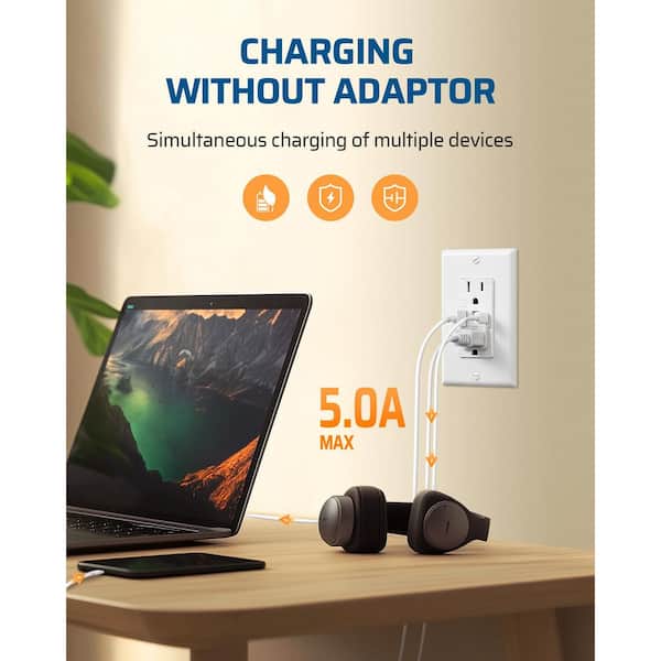 USB Outlet with LED Night Light, Tamper-Resistant USB Wall Outlets with USB-A and USB-C Ports, Wall Plate