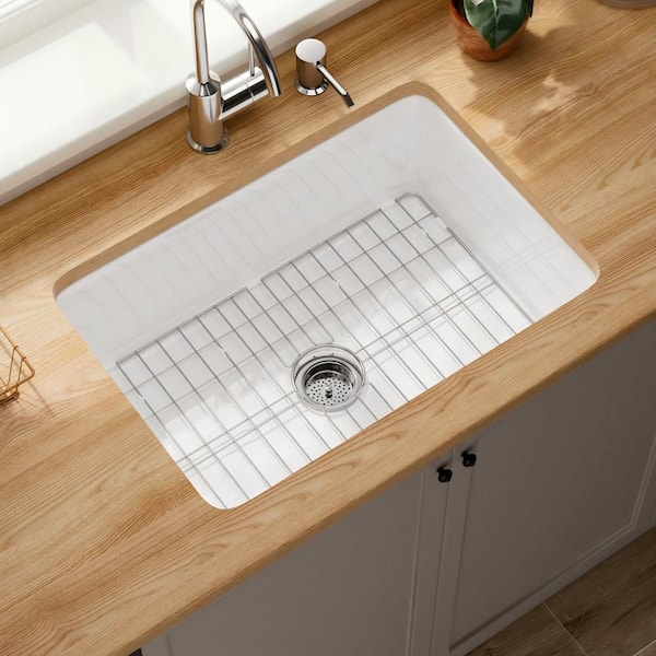 White Fireclay 27 in. Single Bowl Round Corner Undermount/Drop-In Kitchen Sink with Bottom Grid and Basket Strainer
