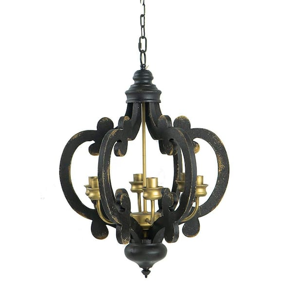 CottaIron 6-Light Distressed Black Rustic Pendant Wood Chandelier for Kitchen, Foyer, Hallway, with No Bulbs Included