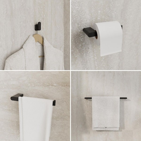 4-Piece Stainless Steel Bath Hardware Set with Towel Bars, Toilet Paper Holder, and Towel Hook in Matte Black