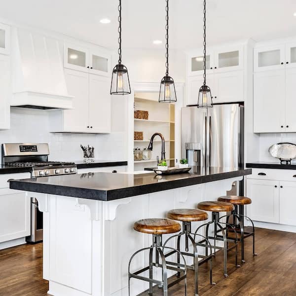 Farmhouse Black Kitchen Pendant Light, Maya 1-Light Modern Industrial Bronze Pendant Light with Caged Seeded Glass Shade