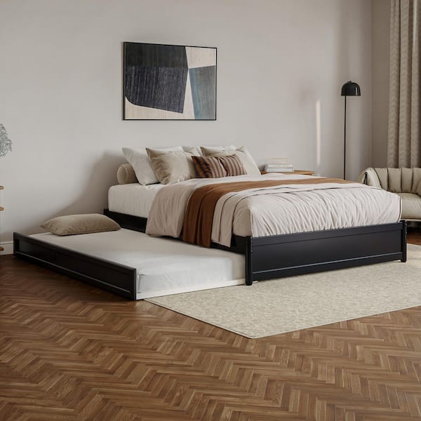 Barcelona Black Solid Wood Frame Queen Panel Platform Bed with Twin XL Trundle