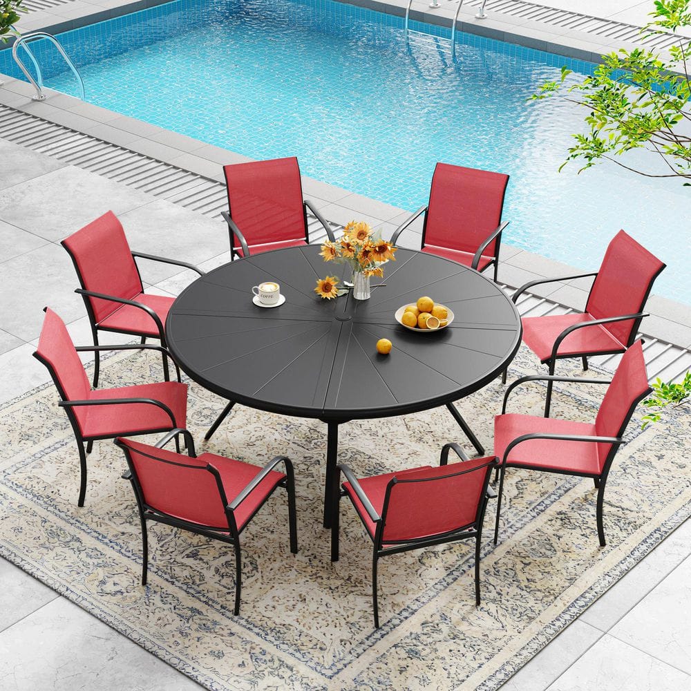 9-Piece Patio Dining Set with 53.1 in. Black Aluminum Round Table and 8-Red Stackable Dining Chairs for Outdoor Use