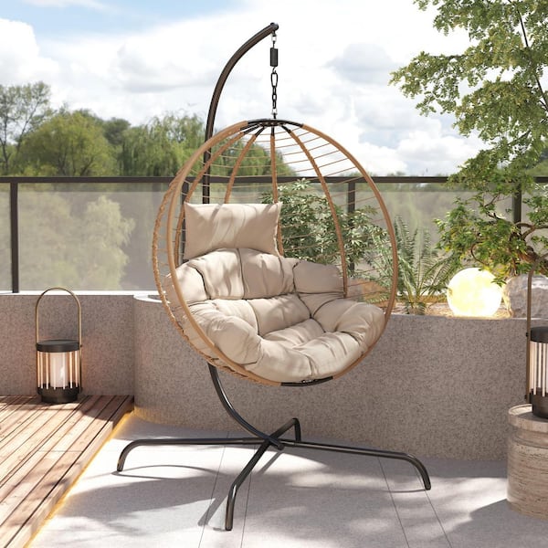 CHRISTOPHER KNIGHT HOME Drift Outdoor Patio Metal Porch Swing Hanging Basket Chair with Stand, Iron, PE Rattan, Beige + Brown