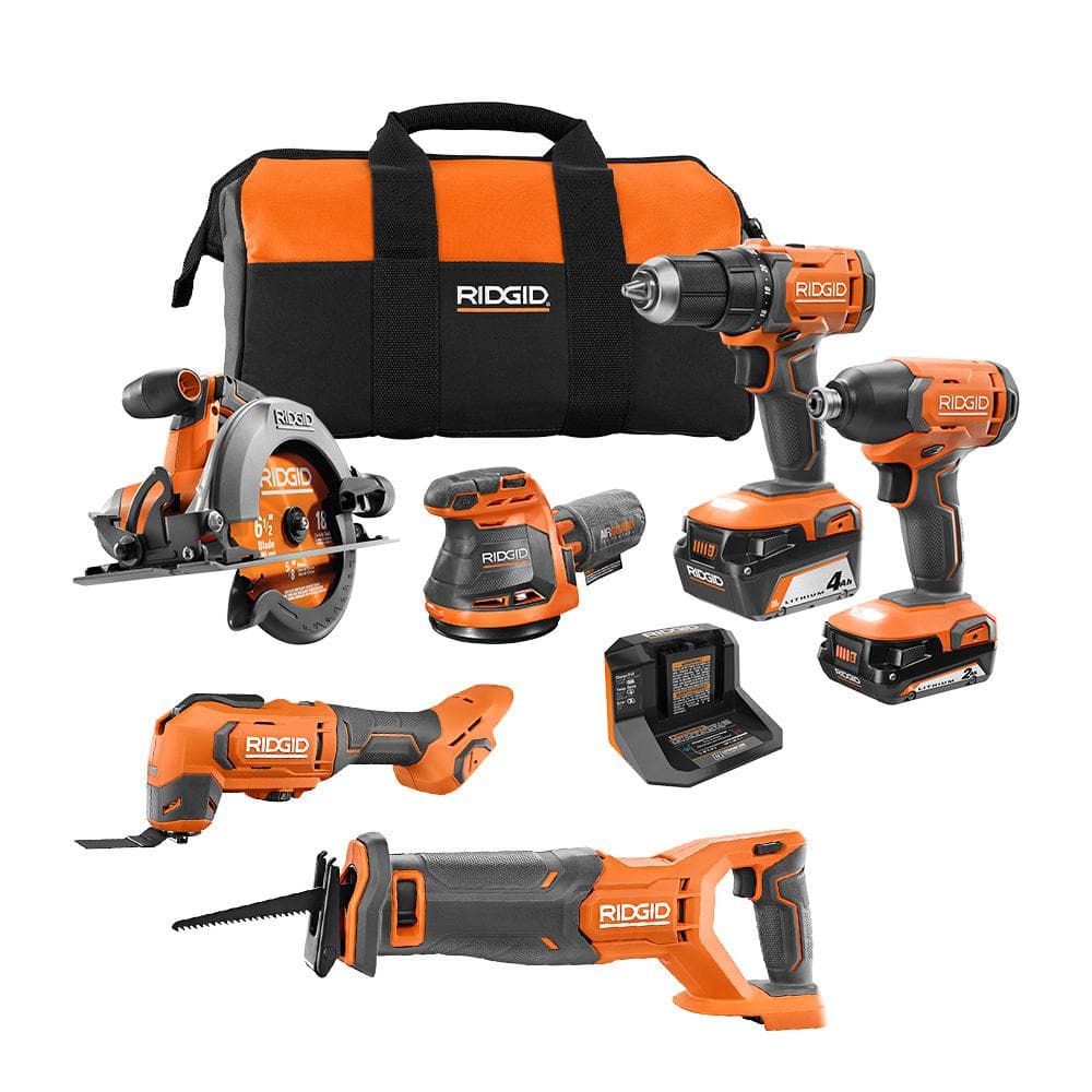 RIDGID 18V Cordless 6-Tool Combo Kit with 2.0 Ah Battery, 4.0 Ah Battery, Charger, and Bag -  R96257