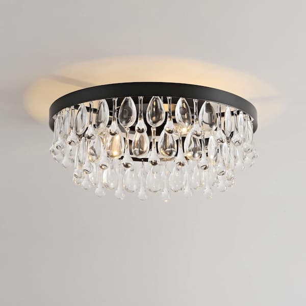 Jojospring Helen 15 in W Black 3Light Flush Mount with Crystal Glass Teardrops