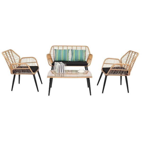 Cisvio 4-Pieces PE Steel Wicker Rattan Chair Outdoor Patio Furniture Set with Black Cushion