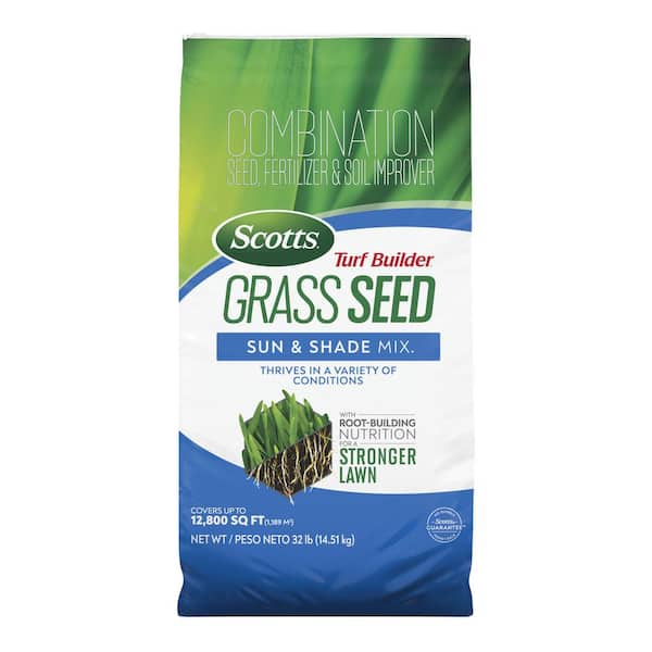Scotts Turf Builder 32 lbs. Grass Seed Sun & Shade Mix with Fertilizer and Soil Improver Thrives in a Variety of Conditions