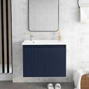 24 in. W x 18 in. D x 18.5 in. H Floating Bath Vanity in Navy Blue with White Resin Top Drop-Shaped Sink
